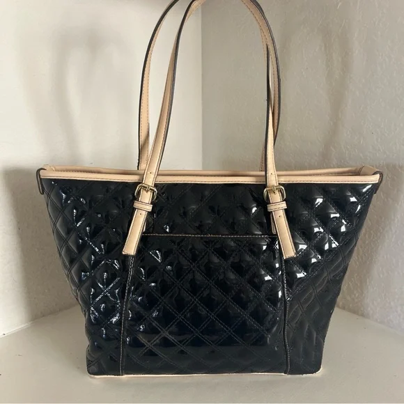 Anne Klein Quilted Patent Leather Shiny Black Tote Purse Shoulder Bag - Picture 7 of 14